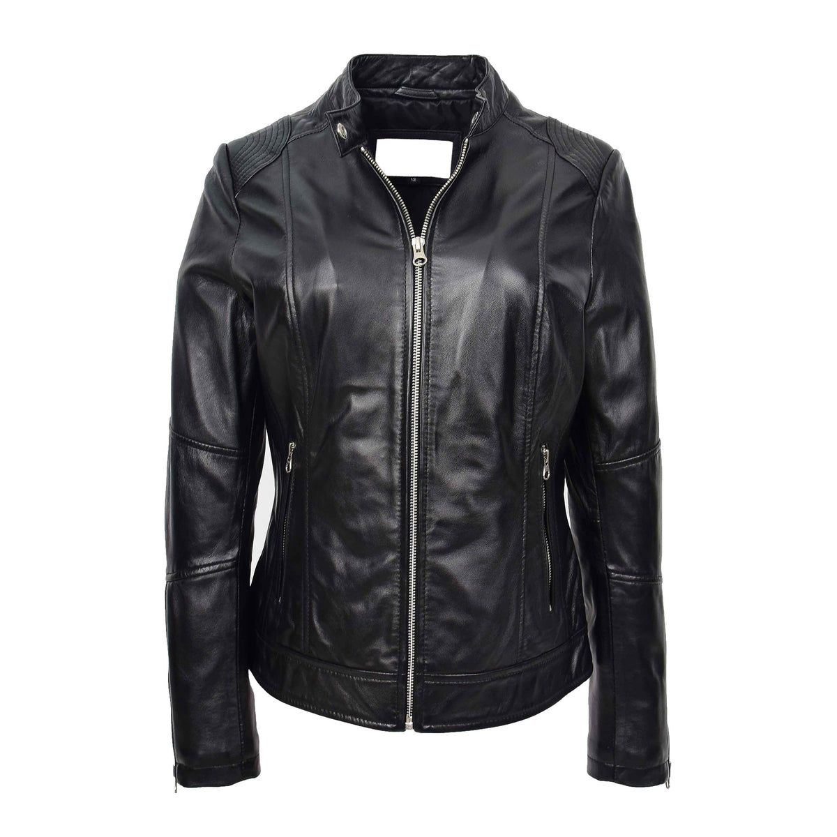 Womens Real Leather Biker Jacket Zip up Casual Connie Black - genuine leather jacket in black with soft touch 100% nappa leather