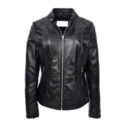 Womens Real Leather Biker Jacket Zip up Casual Connie Black - genuine leather jacket in black with soft touch 100% nappa leather