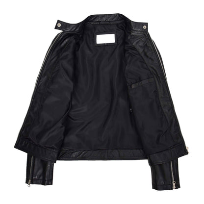 Womens Real Leather Biker Jacket Zip up Casual Connie Black - genuine leather jacket in black with full zip opening &amp; band collar