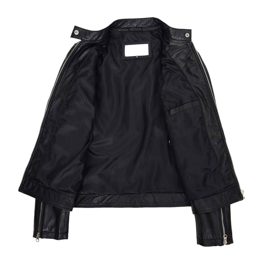 Womens Real Leather Biker Jacket Zip up Casual Connie Black - genuine leather jacket in black with full zip opening &amp; band collar