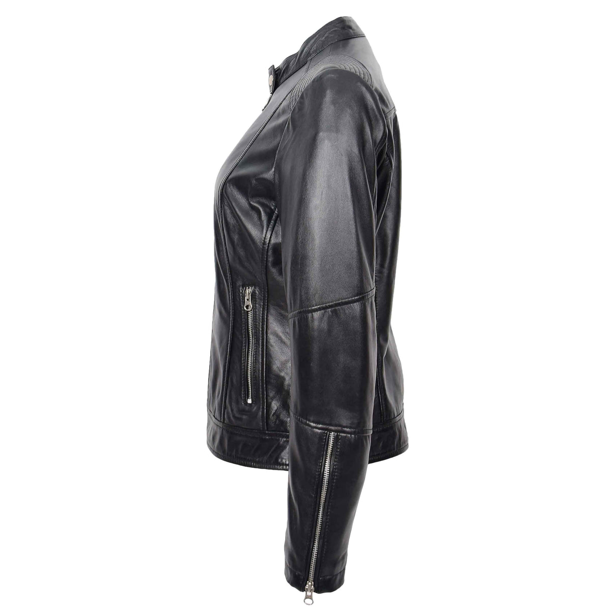 Womens Real Leather Biker Jacket Zip up Casual Connie Black - genuine leather jacket in black with two outer zipped pockets &amp; 1 internal open pocket
