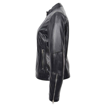 Womens Real Leather Biker Jacket Zip up Casual Connie Black - genuine leather jacket in black with two outer zipped pockets &amp; 1 internal open pocket