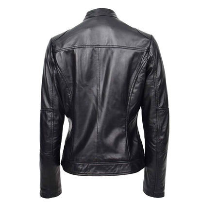 Womens Real Leather Biker Jacket Zip up Casual Connie Black - genuine leather jacket in black with biker