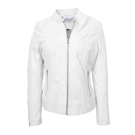 Womens Real Leather Biker Jacket Zip up Casual Connie White - genuine leather jacket in white with soft touch 100% nappa leather