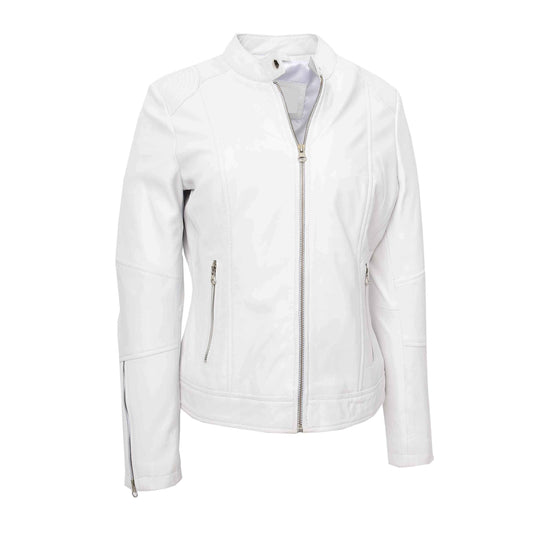 Womens Real Leather Biker Jacket Zip up Casual Connie White - genuine leather jacket in white with full zip opening &amp; band collar