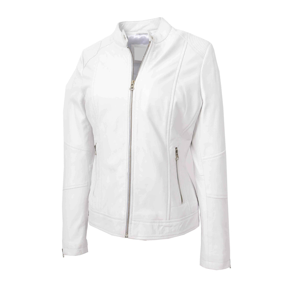 Womens Real Leather Biker Jacket Zip up Casual Connie White - genuine leather jacket in white with two outer zipped pockets &amp; 1 internal open pocket