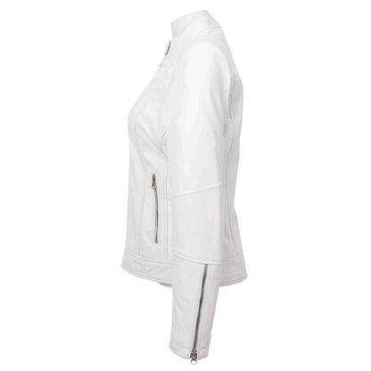 Womens Real Leather Biker Jacket Zip up Casual Connie White - genuine leather jacket in white with soft touch 100% nappa leather