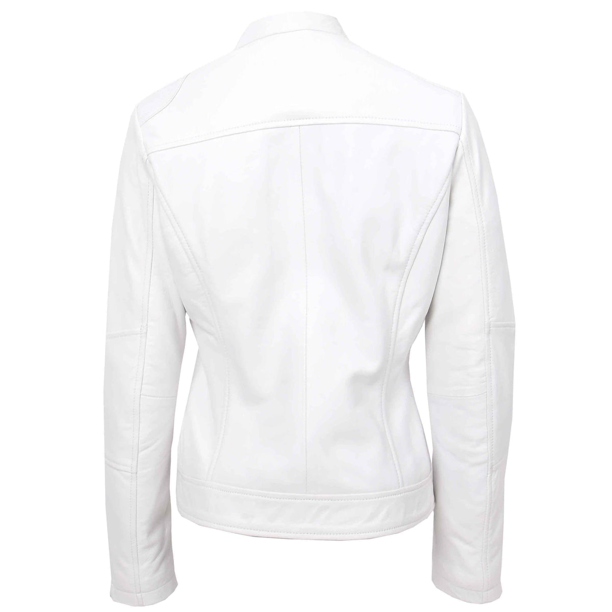 Womens Real Leather Biker Jacket Zip up Casual Connie White - genuine leather jacket in white with full zip opening &amp; band collar