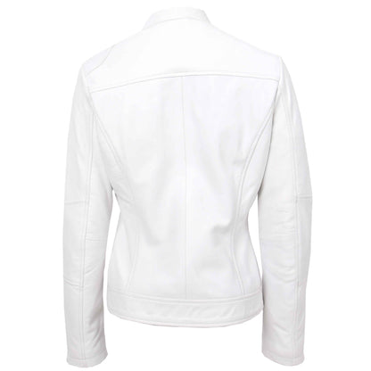 Womens Real Leather Biker Jacket Zip up Casual Connie White - genuine leather jacket in white with full zip opening &amp; band collar