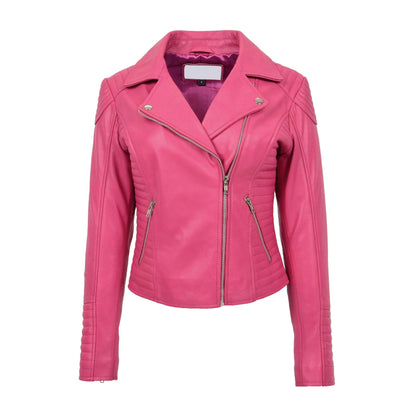 Womens Soft Leather Cross Zip Biker Jacket Anna Pink - genuine leather jacket in pink with two outer pockets