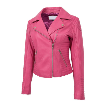 Womens Soft Leather Cross Zip Biker Jacket Anna Pink - genuine leather jacket in pink with cross zip