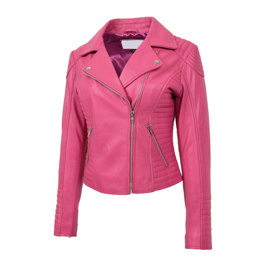 Womens Soft Leather Cross Zip Biker Jacket Anna Pink - genuine leather jacket in pink with cross zip