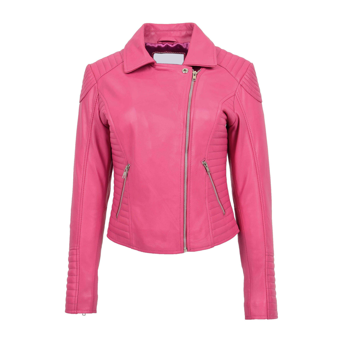 Womens Soft Leather Cross Zip Biker Jacket Anna Pink - genuine leather jacket in pink with biker