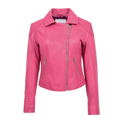Womens Soft Leather Cross Zip Biker Jacket Anna Pink - genuine leather jacket in pink with biker