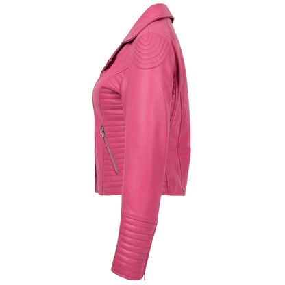 Womens Soft Leather Cross Zip Biker Jacket Anna Pink - genuine leather jacket in pink with cross zip