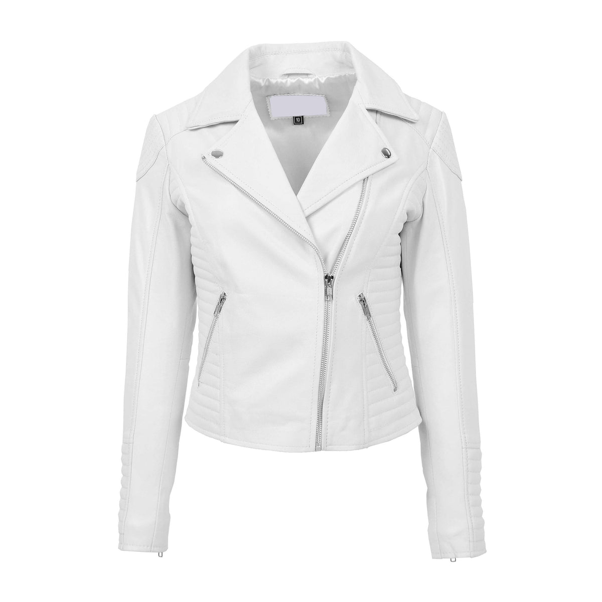 Womens Soft Leather Cross Zip Biker Jacket Anna White - genuine leather jacket in white with two outer pockets