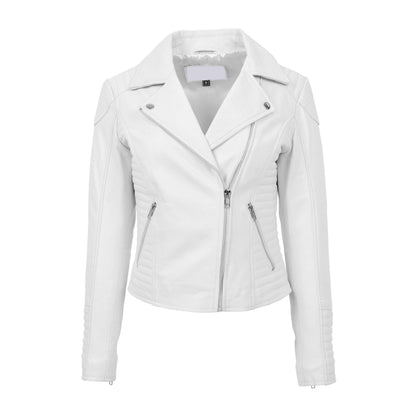 Womens Soft Leather Cross Zip Biker Jacket Anna White - genuine leather jacket in white with two outer pockets