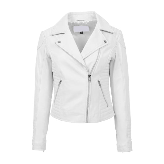 Womens Soft Leather Cross Zip Biker Jacket Anna White - genuine leather jacket in white with two outer pockets