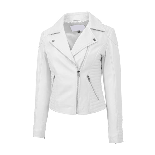 Womens Soft Leather Cross Zip Biker Jacket Anna White - genuine leather jacket in white with cross zip