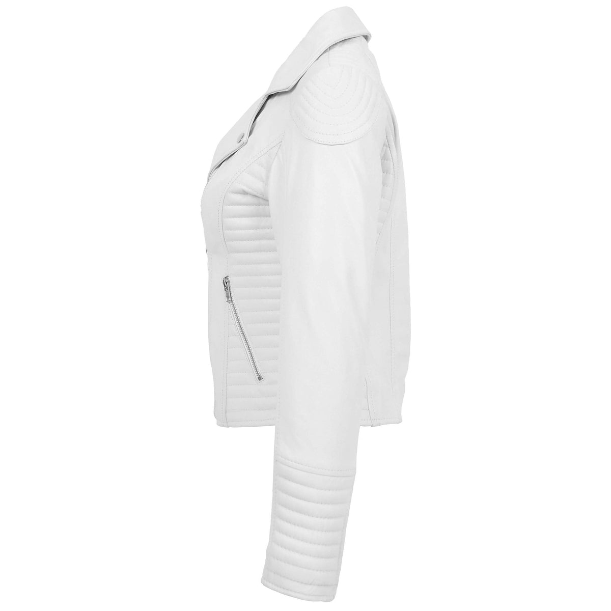 Womens Soft Leather Cross Zip Biker Jacket Anna White - genuine leather jacket in white with two outer pockets