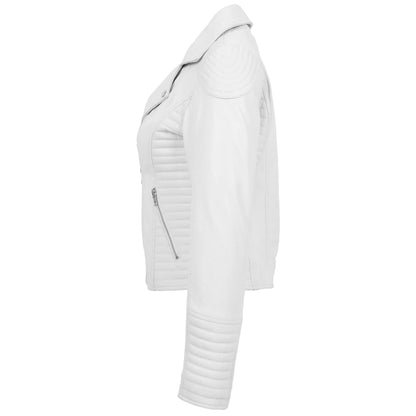 Womens Soft Leather Cross Zip Biker Jacket Anna White - genuine leather jacket in white with two outer pockets