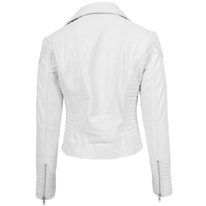 Womens Soft Leather Cross Zip Biker Jacket Anna White - genuine leather jacket in white with cross zip