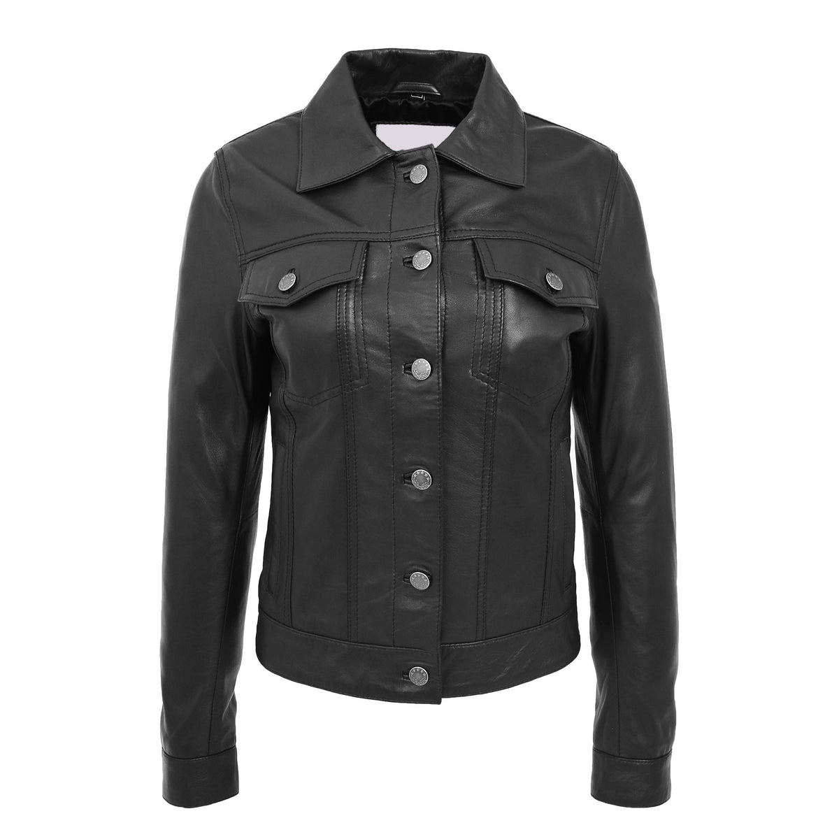 Womens Soft Leather Trucker Style Jacket Alma Black - genuine leather jacket in black with four outer pockets