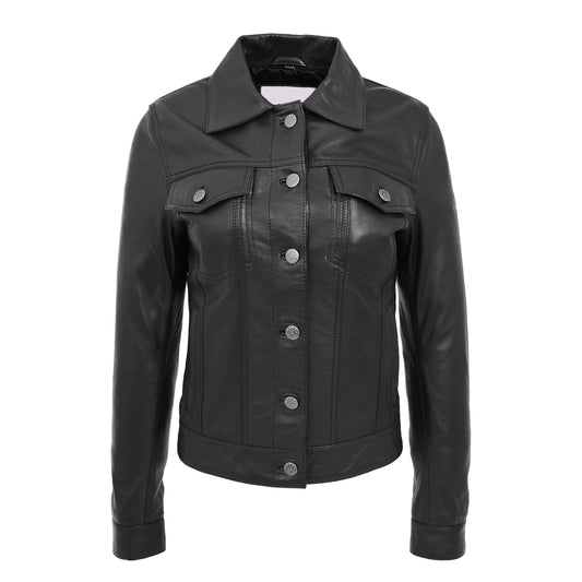 Womens Soft Leather Trucker Style Jacket Alma Black - genuine leather jacket in black with four outer pockets