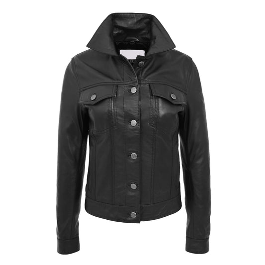 Womens Soft Leather Trucker Style Jacket Alma Black - genuine leather jacket in black with trucker