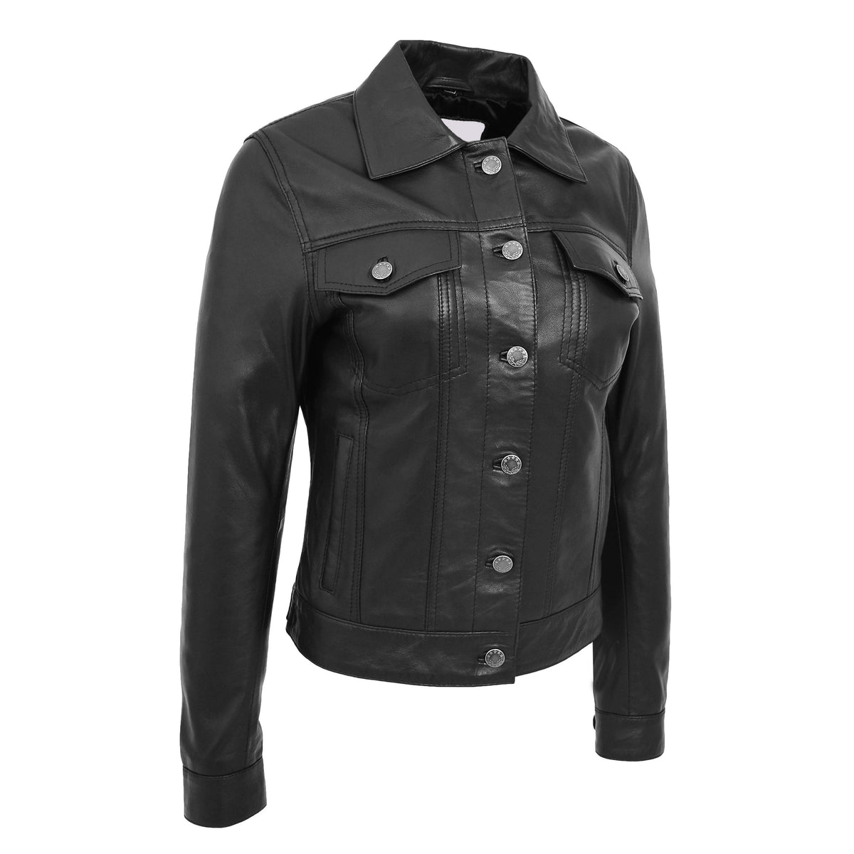 Womens Soft Leather Trucker Style Jacket Alma Black - genuine leather jacket in black with four outer pockets