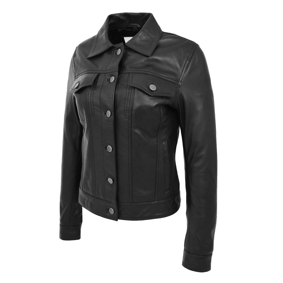 Womens Soft Leather Trucker Style Jacket Alma Black - genuine leather jacket in black with trucker