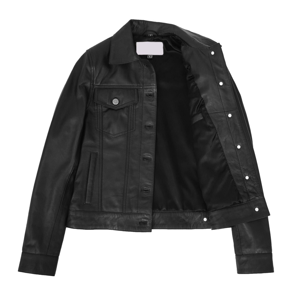 Womens Soft Leather Trucker Style Jacket Alma Black - genuine leather jacket in black with four outer pockets