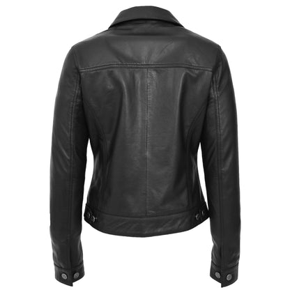 Womens Soft Leather Trucker Style Jacket Alma Black - genuine leather jacket in black with four outer pockets