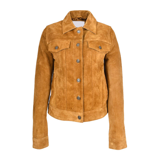 Womens Soft Suede Trucker Style Jacket Alma Tan - genuine suede jacket in tan with four outer pockets