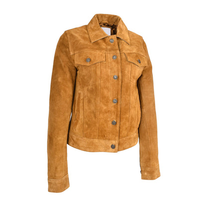 Womens Soft Suede Trucker Style Jacket Alma Tan - genuine suede jacket in tan with trucker