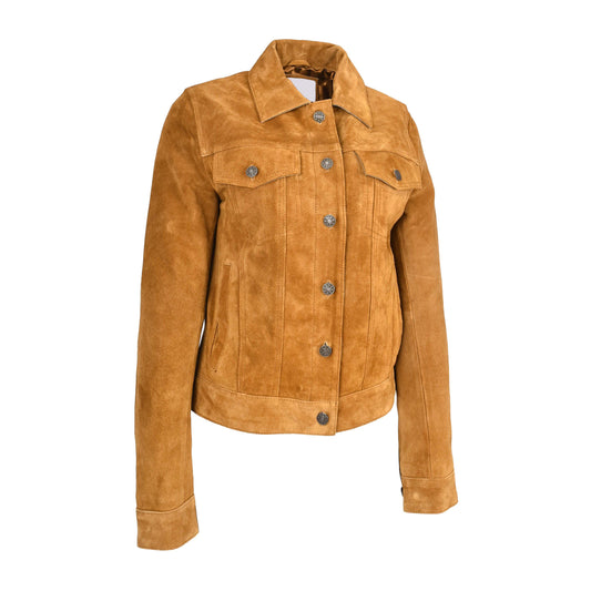 Womens Soft Suede Trucker Style Jacket Alma Tan - genuine suede jacket in tan with trucker