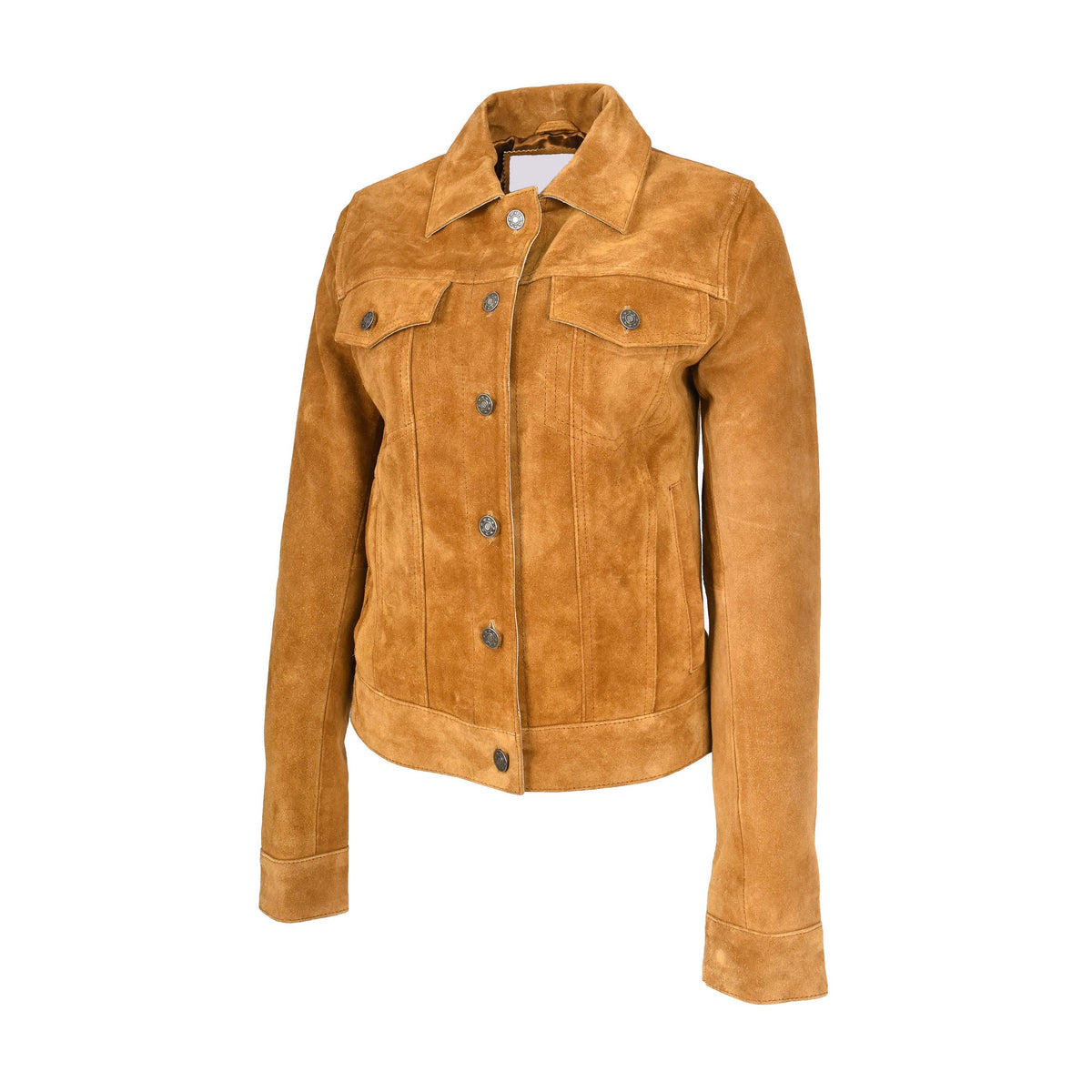 Womens Soft Suede Trucker Style Jacket Alma Tan - genuine suede jacket in tan with four outer pockets