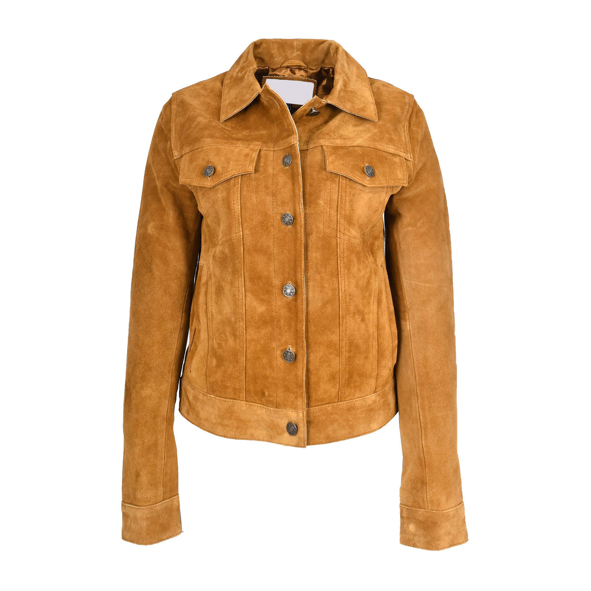 Womens Soft Suede Trucker Style Jacket Alma Tan - genuine suede jacket in tan with four outer pockets