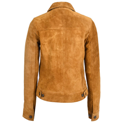 Womens Soft Suede Trucker Style Jacket Alma Tan - genuine suede jacket in tan with four outer pockets