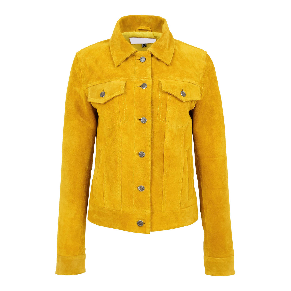Womens Soft Suede Trucker Style Jacket Alma Yellow - genuine suede jacket in yellow with four outer pockets