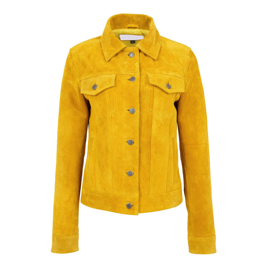 Womens Soft Suede Trucker Style Jacket Alma Yellow - genuine suede jacket in yellow with four outer pockets