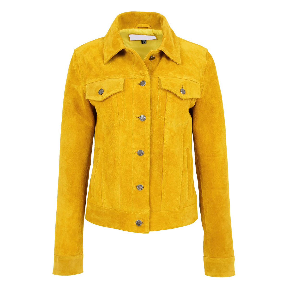 Womens Soft Suede Trucker Style Jacket Alma Yellow - genuine suede jacket in yellow with trucker