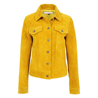 Womens Soft Suede Trucker Style Jacket Alma Yellow - genuine suede jacket in yellow with trucker