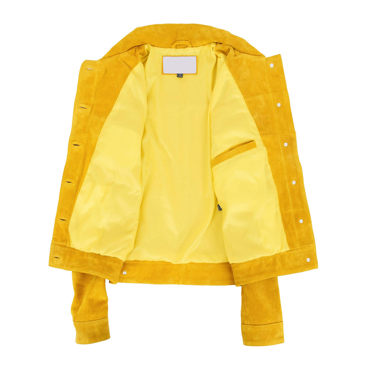 Womens Soft Suede Trucker Style Jacket Alma Yellow - genuine suede jacket in yellow with four outer pockets
