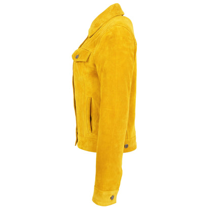 Womens Soft Suede Trucker Style Jacket Alma Yellow - genuine suede jacket in yellow with trucker