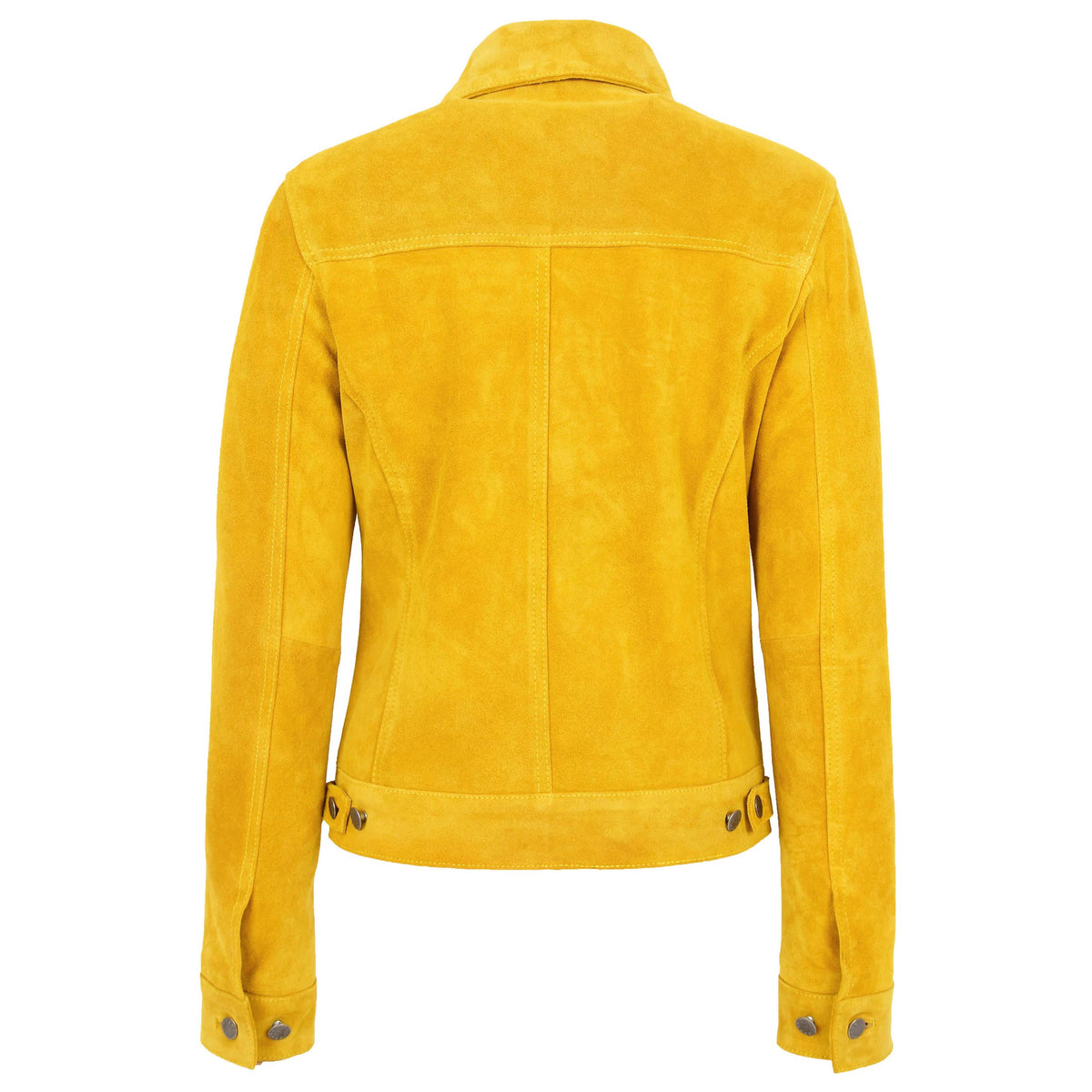 Womens Soft Suede Trucker Style Jacket Alma Yellow - genuine suede jacket in yellow with four outer pockets