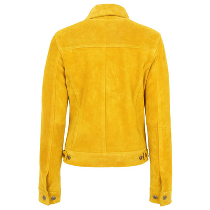Womens Soft Suede Trucker Style Jacket Alma Yellow - genuine suede jacket in yellow with four outer pockets