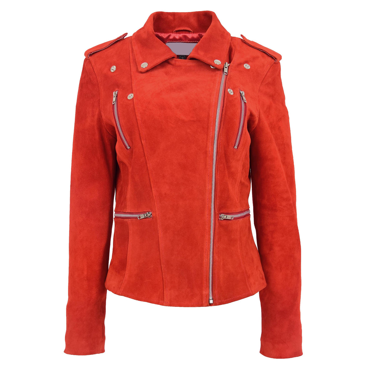 Womens Suede Biker Style Zip Jacket Skylar Red - genuine suede jacket in red with four outer pockets