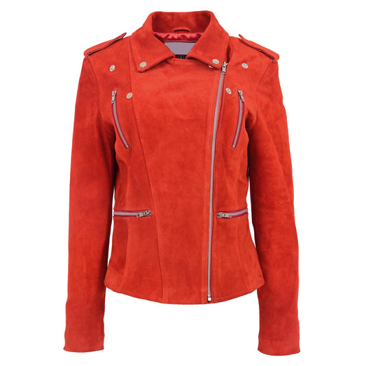 Womens Suede Biker Style Zip Jacket Skylar Red - genuine suede jacket in red with four outer pockets