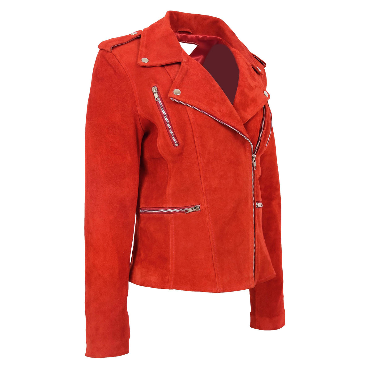 Womens Suede Biker Style Zip Jacket Skylar Red - genuine suede jacket in red with biker